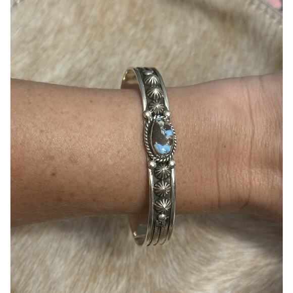 Native American SW Sterling Silver & Golden Hills Turquoise Dome Cuff Bracelet